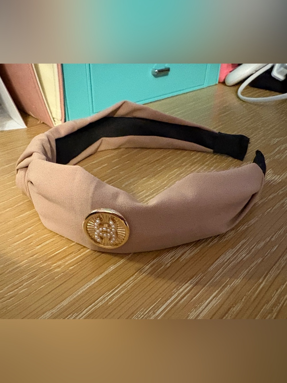 Charm Knot Headband with Decorative Gold Button - Blush pink